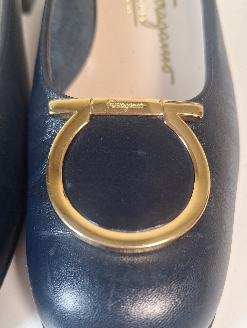 Salvatore Ferrigamo Maxi Gancini Navy/Gold  Block Heel Pumps Size 4 - Picture 3 of 13